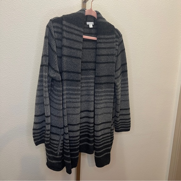 J.Jill Women Cardigan Sweater Size Large Gray Stripe Wool Blend Pockets - Picture 3 of 7